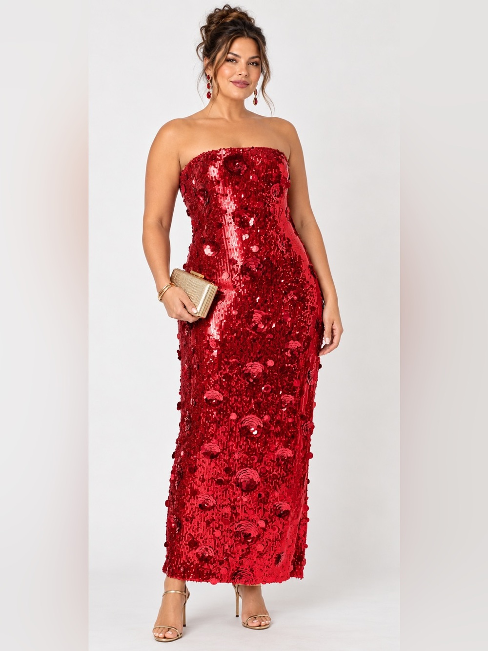Red Sequin Midi strapless Elegant dress Evening Wear